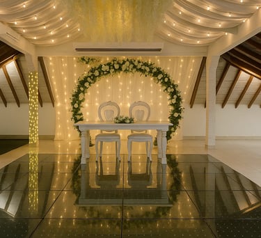 a wedding reception table with a white table cloth draped over it
