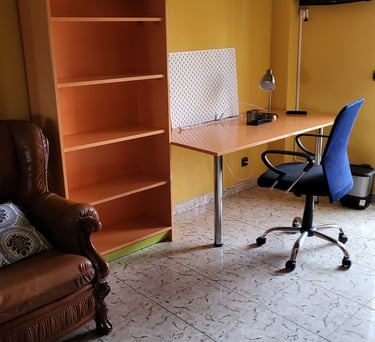 Habitación con estantería y amplio escritorio
