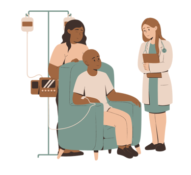 Nurse and doctor caring for a patient in chemotherapy, symbolizing cancer treatment.