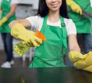 woman cleaning a kitchen surface with spray bottle