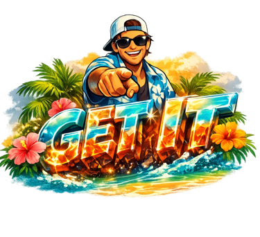 Cartoon character in sunglasses pointing forward above 3D “GET IT” text with tropical flowers and palm trees.