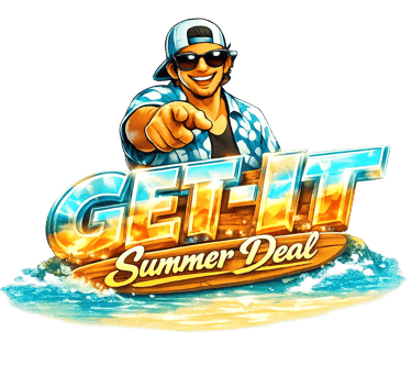 Cartoon character in sunglasses pointing forward above “GET‑IT Summer Deal” text on a bright beach background.
