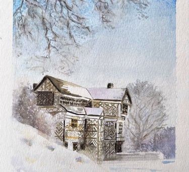 Watercolour snow scene of Mossley Hall