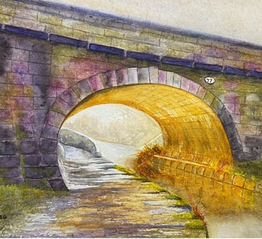 Watercolour of Snaily Bridge in Congleton with sunset reflecting off icy canal
