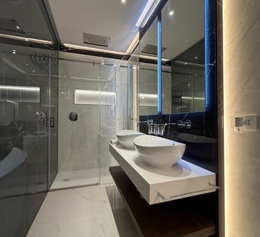 a bathroom with a sink and a large mirror