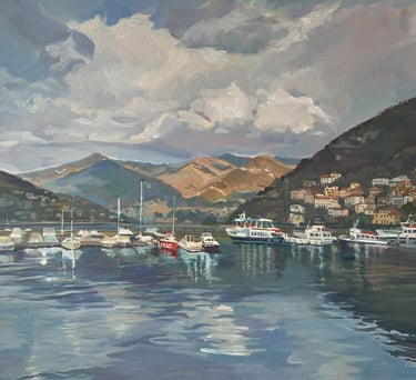 'Whispers of Como' 24x30 inches Serene Harbor oil painting by Angela Moiseieva