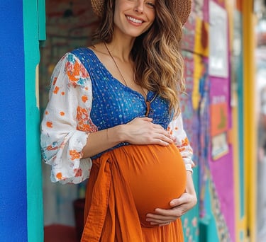 Mujer bohemia embarazada recargada en el filo de una puerta de una casa de colores