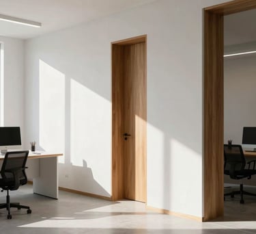 Minimalist architectural detail of a bright Spanish-speaking workspace, clean white walls, warm wood accents, and long shadows cast by the afternoon sun.