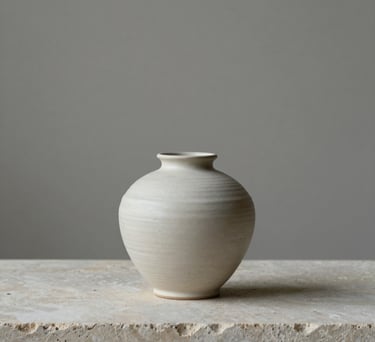Minimalist interior detail featuring a ceramic vase on a stone surface, neutral gray and off-white tones, soft natural lighting, serene atmosphere.