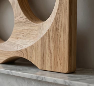 A detail of an organic interior element, like a light wood sculpture on a marble ledge, soft shadows, warm grey tones, Spanish-speaking luxury aesthetic.