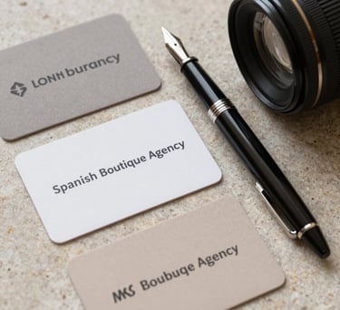 Flat lay of professional branding tools on a stone surface, including a refined fountain pen and neutral-colored cards, Spanish-speaking boutique agency style.