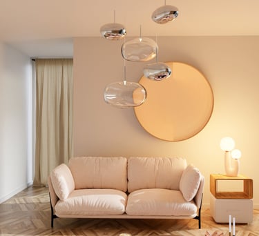 rendu 3d réaliste d'un salon avec lustre chromé à cinq points lumineux