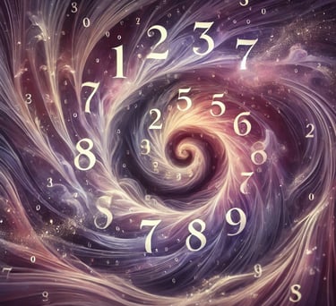 Imagem abstrata representando a numerologia pitagórica com um design fluido e números de 1 a 9 integrados em tons de roxo e l