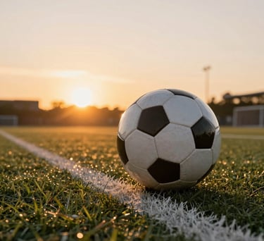 Low angle dramatic shot of a soccer ball on a white line of a pitch, with the sun setting behind it, creating a golden orange glow.