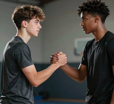 Two teenage boys of different backgrounds shaking hands after a training session. Authentic emotion, professional sports photography.