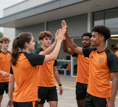 A group of diverse young male and female athletes in orange and black training kits, high-fiving in front of a modern clubhouse building.