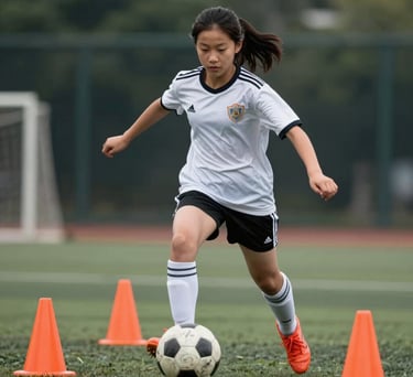 Dynamic photography of a 13-year-old girl of Asian descent dribbling a soccer ball between orange cones. Motion blur on the feet, crisp focus on her face.