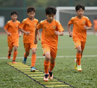 Young soccer players running through an agility ladder on a green field. Vibrant orange and gold sports gear, bright daylight.