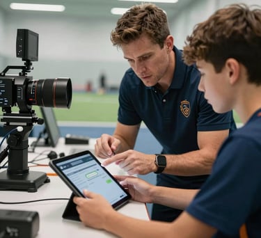 A coach explaining tactics on a digital tablet to a young player. High-tech equipment, modern sports lab setting.