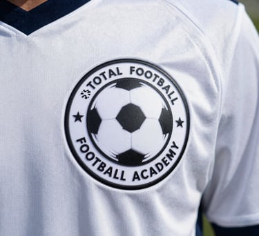 Close up of the Total Football Academy logo on a high-quality white soccer jersey worn by a young athlete.
