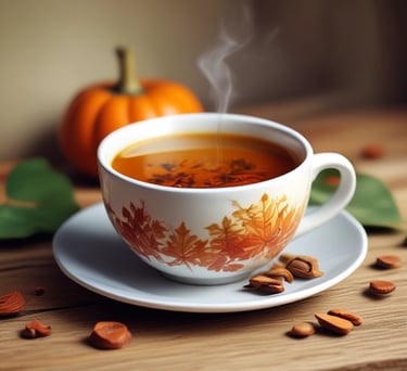 Xícara de chá de abóbora quente sobre mesa de madeira, com vapor subindo, abóbora ao fundo desfocada