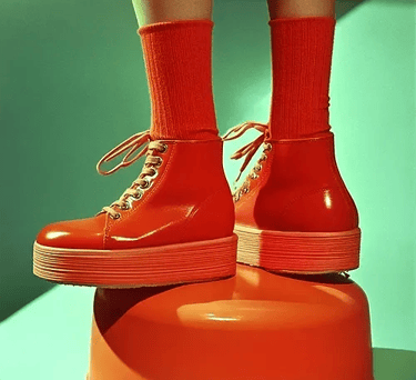 Bottes rouges à plateforme et chaussettes assorties sur un tabouret, fond vert contrasté.