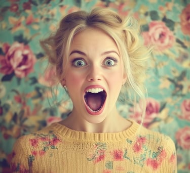 Femme blonde expressive en pull fleuri, bouche grande ouverte, fond tapissé de roses.