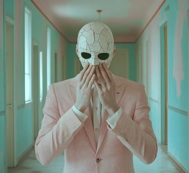 Homme en costume rose portant un masque craquelé, debout dans un couloir aux tons pastel.