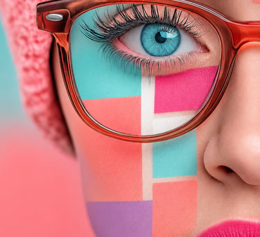 Visage aux couleurs en damier avec œil bleu, création d'identité visuelle moderne.
