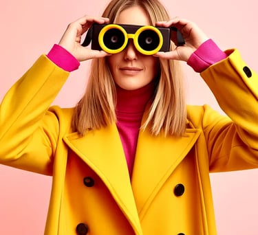 Femme en manteau jaune et col roulé rose tenant des jumelles ludiques, fond rose pâle.