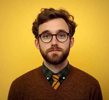 Homme barbu avec lunettes, pull marron et cravate jaune, sur fond jaune uni.