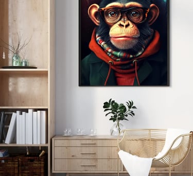 Tableau d’un singe habillé avec lunettes, écharpe et hoodie, exposé dans un intérieur moderne.