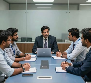 Professional team meeting in a glass-walled conference room in Bangalore, South Asian / Indian executives discussing strategy around a steel blue table.
