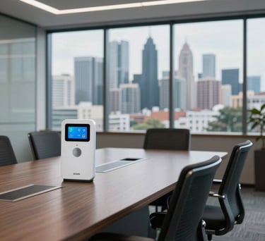 A conference room with integrated smart technology and ergonomic furniture, showing a view of the South Asian city skyline through glass walls.