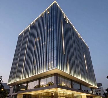 Exterior shot of a contemporary corporate building in Bangalore at dusk, featuring innovative architectural lighting and clean glass lines.