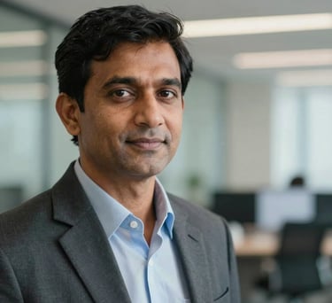 A close-up, modern corporate photograph of a South Asian / Indian business professional, mid-thirties, with a confident and approachable expression, looking slightly off-camera. The background is a subtly blurred contemporary office setting with soft, professional lighting. The image conveys professionalism and reliability, with a shallow depth of field. Composition follows the rule of thirds, with the subject positioned to the left, leaving space to the right for text overlay if needed. No logos or distracting elements.