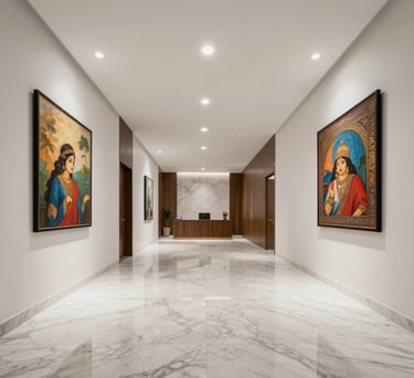 Photography of a sleek, minimalist corporate office lobby in Mumbai with high ceilings, marble floors, and modern South Asian art on the walls.