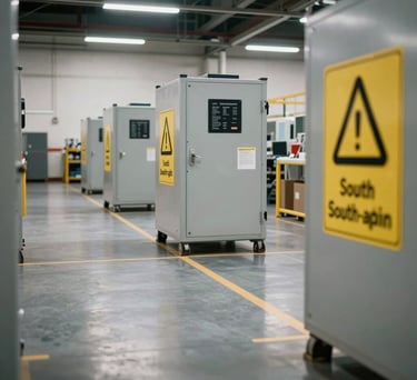 A focused shot of a clean, organized logistics hub floor with modern equipment and safety signage in a professional South Asian setting.