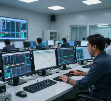 A high-tech control room with multiple monitors displaying data streams, located in a professional South Asian facility, soft blue lighting.