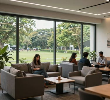 A modern employee lounge area with comfortable seating, large windows overlooking a green Indian office park, emphasizing well-being.