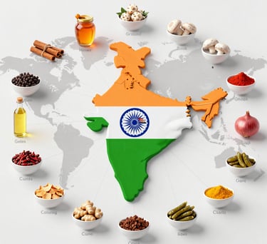 Global export map of India with spices, honey, ghee, mushrooms