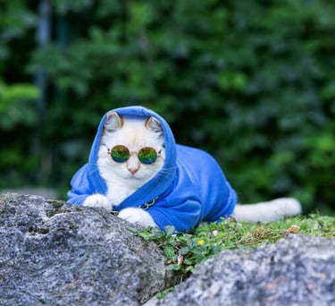 gato con lentes y chamarra azul