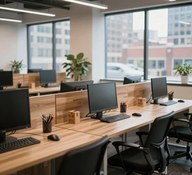 A professional and brightly lit co-working space in a North American city, featuring clean wooden desks, modern ergonomics, and large windows allowing for natural daylight.