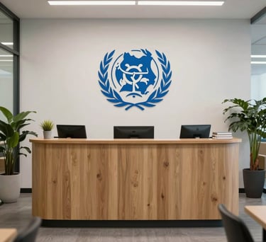 A welcoming reception area in a North American NGO office, featuring minimalist design and professional decor with a sense of clarity and hope.