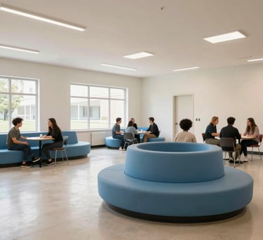 A wide-angle photograph of an open-plan community center in the US with clean off-white walls, large windows, and modern sky blue seating areas for collaboration.