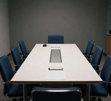A photography shot of a sleek conference room with dark blue chairs and a white table, used for career seminars and interview coaching sessions.