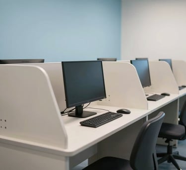 Interior shot of an accessible computer lab with modern technology and ergonomically designed stations, featuring off-white and light blue color tones.