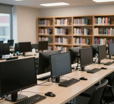 A well-organized resource center with accessible computer stations, a modern bookshelf, and soft lighting, creating an inviting and helpful atmosphere in a US urban setting.