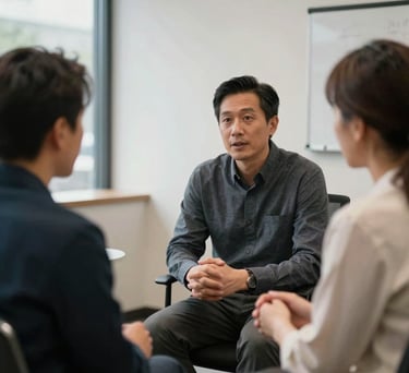 A private one-on-one coaching office designed for focused dialogue, featuring clean lines and a professional, approachable North American atmosphere.