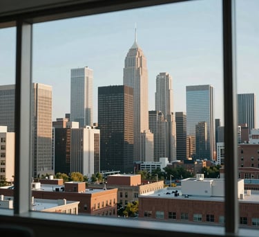 A view of a modern North American city skyline through a clean office window during the day, capturing a sense of professional opportunity and growth.